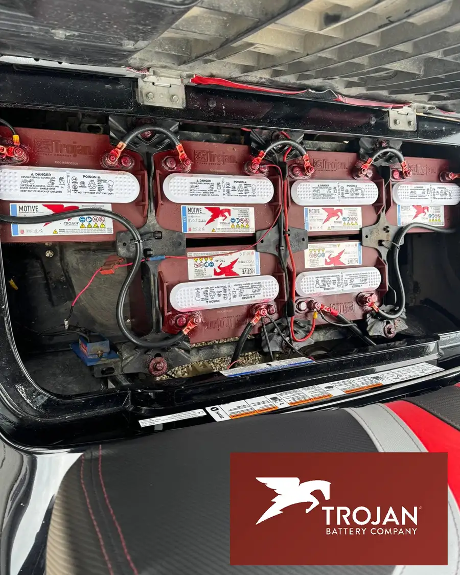 Trojan deep-cycle batteries installed under golf cart seat – CSC Motor Company Springfield, IL