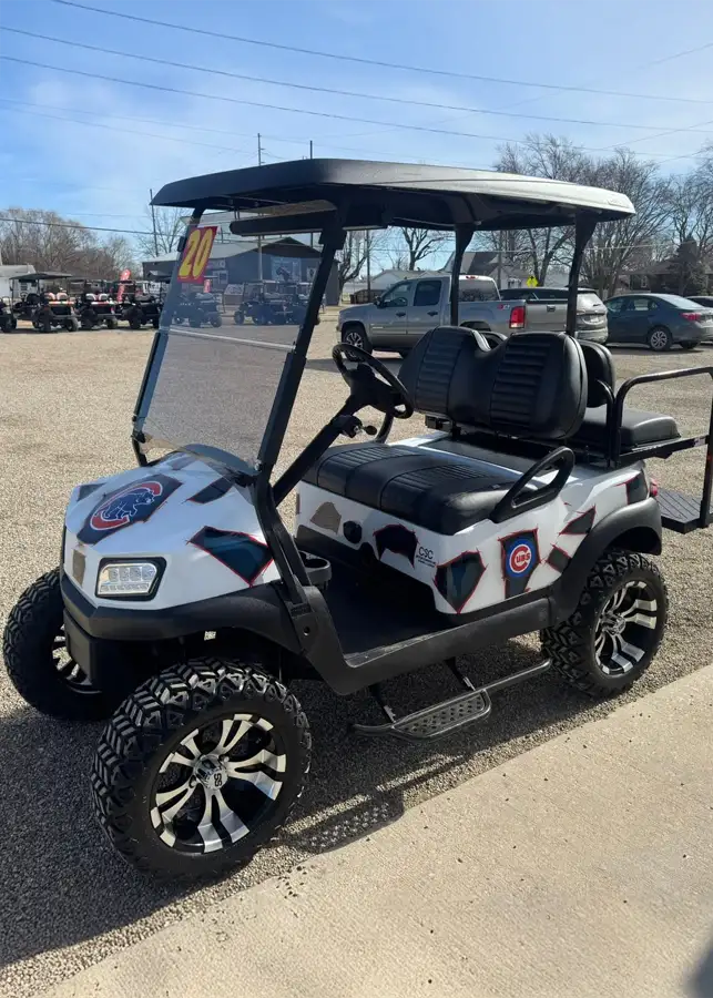 White customized golf cart with Chicago Cubs graphic wrap and black seating – CSC Motor Company Springfield, IL