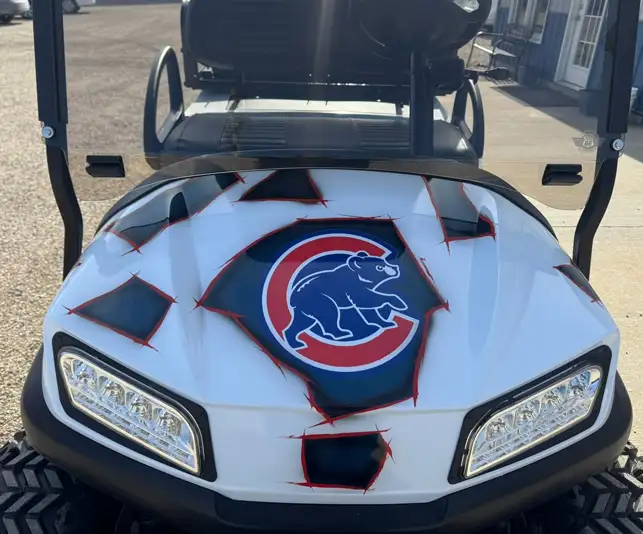 Front view of customized golf cart hood with Chicago Cubs logo decal and LED headlights – CSC Motor Company Springfield, IL